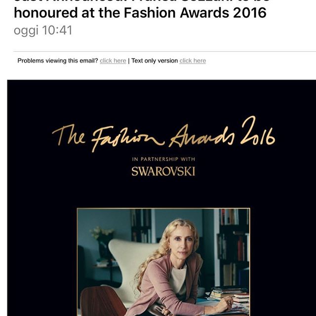 So honoured to receive an award from British Fashion Awards at Royal Albert Hall London...thank you BFA Nadja Swarovski@nadja.swarovski Madame Natalie Massenet @nat_mass  On Monday, 5th December at the iconic Royal Albert Hall in London, Franca Sozzani, Editor-in-Chief of Vogue Italia and L Uomo Vogue, is to be honoured for her commitment to diversity and for utilising her position and influence to positively impact the wider world. @vogueitalia #witalia