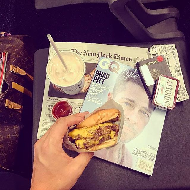 Status update: Hungover at the airport and devouring a cheeseburger and walking around with the New York Times tucked under my arm so everyone thinks I'm smart (but I know y'all can see an US Weekly in my tote bag that I'm obbbbviously going to whip out and read cover to cover the second the lights go down on this plane) Byeeeee!