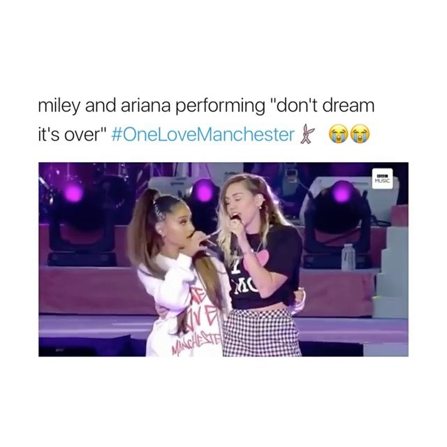 So proud of you ladies! @arianagrande @mileycyrus     United we stand, divided we fall      #onelovemanchester