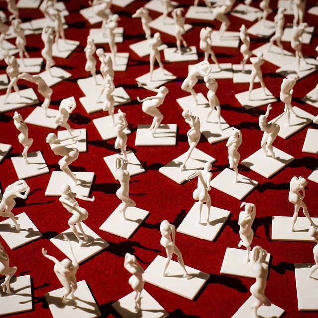 Here are just a few of the hundreds of 3D printed Coco Poses manufactured by @Shapeways for my #MilkGallery #StudyOfPose exhibit on display right now.  When we were in the process of creating a whole exhibition around the book we realized that the data we had from the 360 degree poses could easily allow us to create fully formed 3D renderings of all 1000 poses in the book. That’s when the proverbial light bulb went off and we reached out to #shapeways to see what was possible. Seeing those images from the book come to life in tangible three dimensions was so amazing for me, and it proved to be a great source of conversation at the art exhibit! We are now talking about making ‘Study Of Pose’ book-ends, candelabras… the sky is the limit!